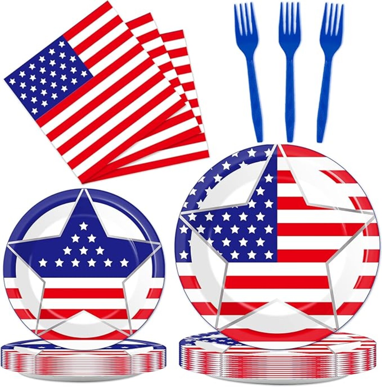96 Pcs 4th of July Party Plates Napkins Tableware Set Memorial Day Supplies Disposable Dinnerware Patriotic Freedom Stars Party Decoration Favors for Independence Day 250th Anniversary, 24 Guest